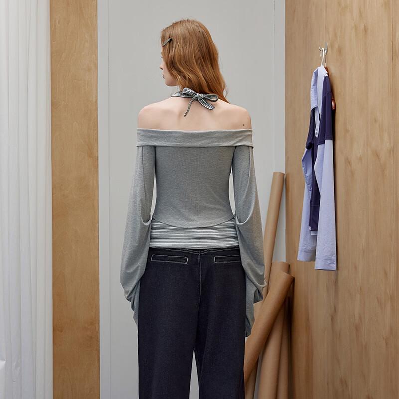 UNIFREE Women's Korean Style Off-Shoulder Faux Two-Piece T-Shirt