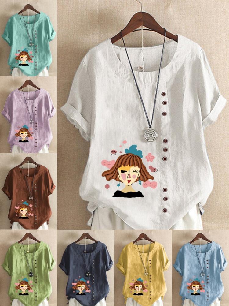 Women's Fashion Abstract Girl Print Shot Sleeve T-shirt Loose Cotton Shirt Casual Loose Summer Plus Size Blouse Tops