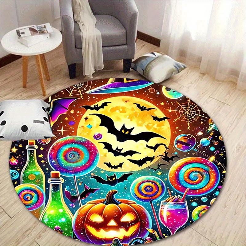 

1pc Soft, Absorbent & Non-Slip Pumpkin Bats and Colorful Candies Round Rug, Perfect for Entryway, Living Room, Bedroom Decor, Machine Washab 80cm by 80cm