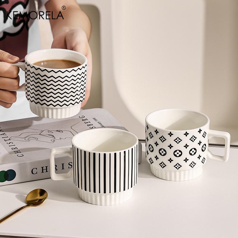 1PCS Nordic Style Ceramic Mug Suitable For Iced American Cappuccino Dot Mug Striped Coffee Tea Cup Stackable Office Water Cup