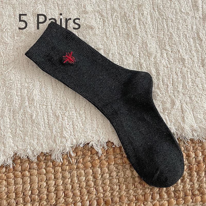 5 Pairs Autumn and Winter New Wool Socks Fashion Embroidery Bee Ankora Red Light Luxury Niche Mid-calf Socks