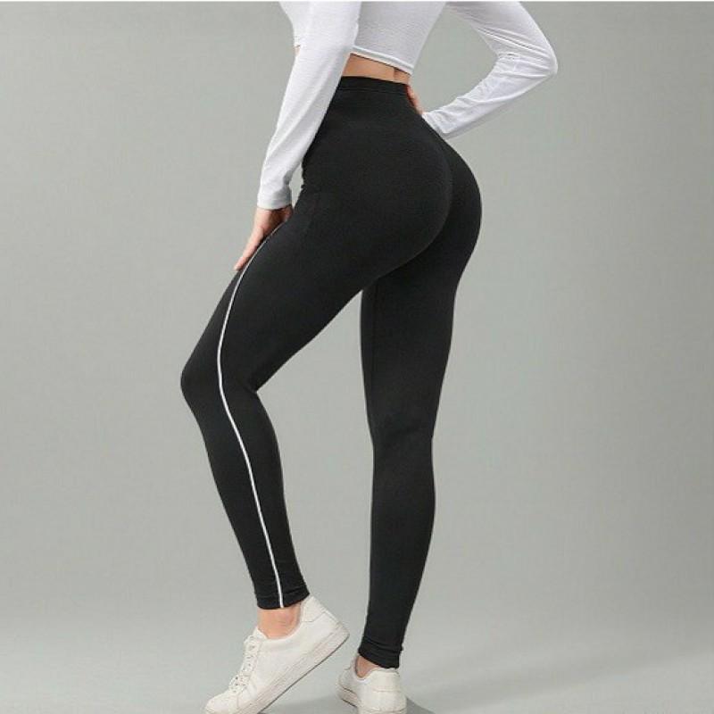 High Waist Black Yoga Leggings Women With White Side Stripe Slim Fit Athletic Workout Pants