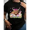 European Size Women'S Short Sleeve Crew Neck T-Shirt Featuring Adorable Highland Cow with Pink Bow and Cute Bunny Surrounded By Colorful Floral