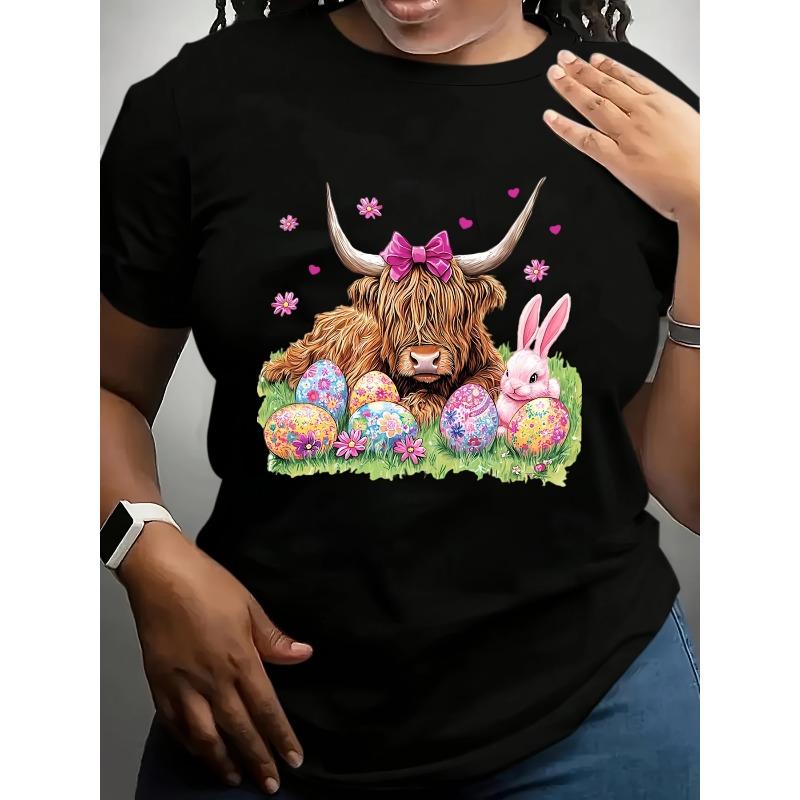 

European Size Women S Short Sleeve Crew Neck T-Shirt Featuring Adorable Highland Cow with Pink Bow and Cute Bunny Surrounded By Colorful Floral 4XL чорний