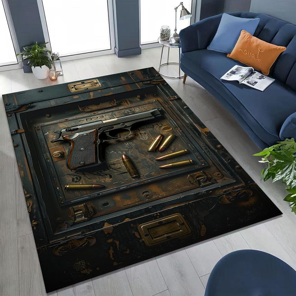 Holz Metall Waffenkoffer Boxx Militärausrüstung Moto Teppich für Schlafzimmer Wohnzimmer Sofa Zuhause Fußmatte Dekor, Kinder Spiel Rutschfeste Bodenmatte