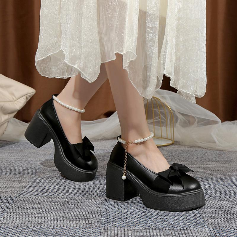 2024 Fashion Shoes for Women One Kick Women's Pumps Autumn Mary Jane Round Toe Bow Tie Solid Platform Chunky Heels Shallow Shoes