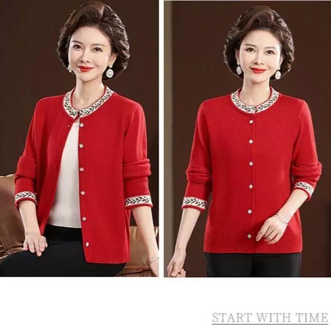 Autumn Winter Women's Round Neck Embroidered Cardigan Sweater Thickened Loose Knit Cardigan