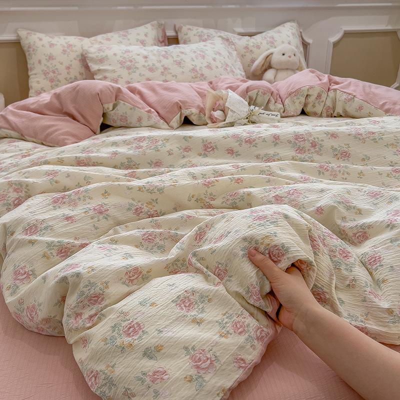 Cream Wind Double Yarn Bedding Four-piece Set Skin-friendly Breathable Washed Sheets Quilt Cover Pillowcase