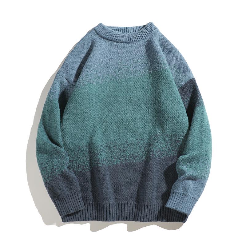 Men's Retro Gradient Contrast Long Sleeve Sweater - Winter 2026 Round Neck Warm Knitwear