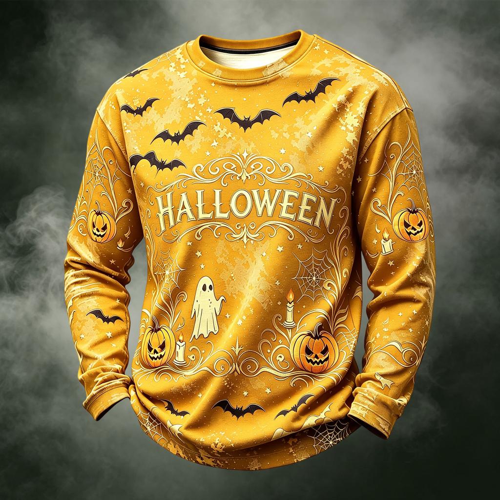 Men's Casual Knit Neck Long Sleeve Top with Halloween Print