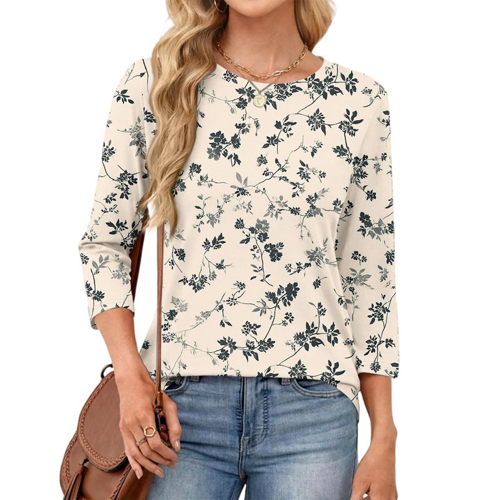 343/4 Sleeve Shirts For Women Cute Print Graphic Tees Blouses Casual Plus Size Basic Tops Pullover