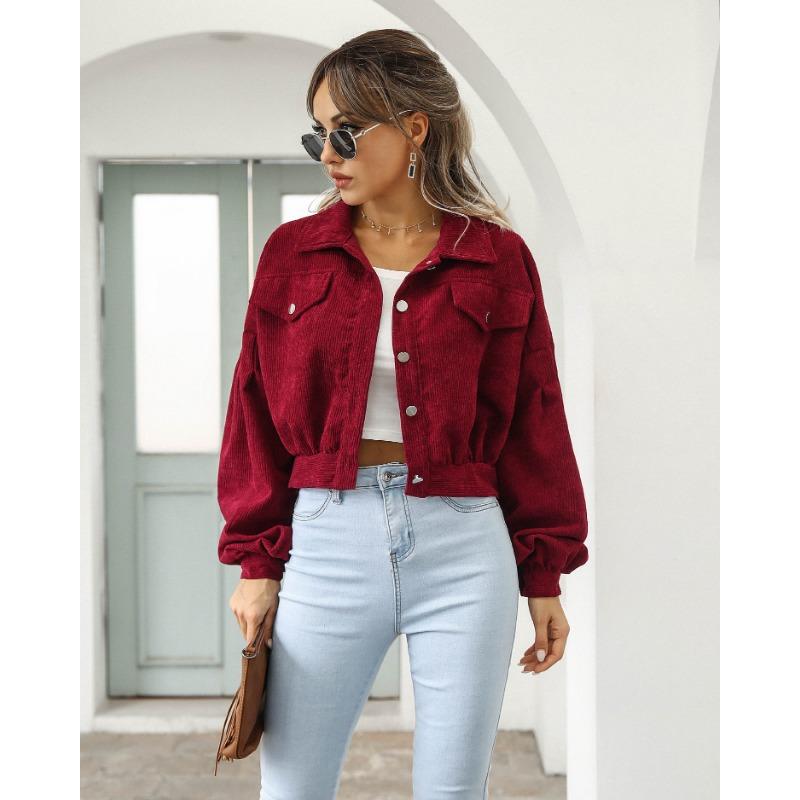 Podzim a zima ležérní klopa Styl BF Manšestrová bunda Lucerna rukáv Jednořadý Krátký kabát Dámské Elegantní Jednobarevné Nový styl