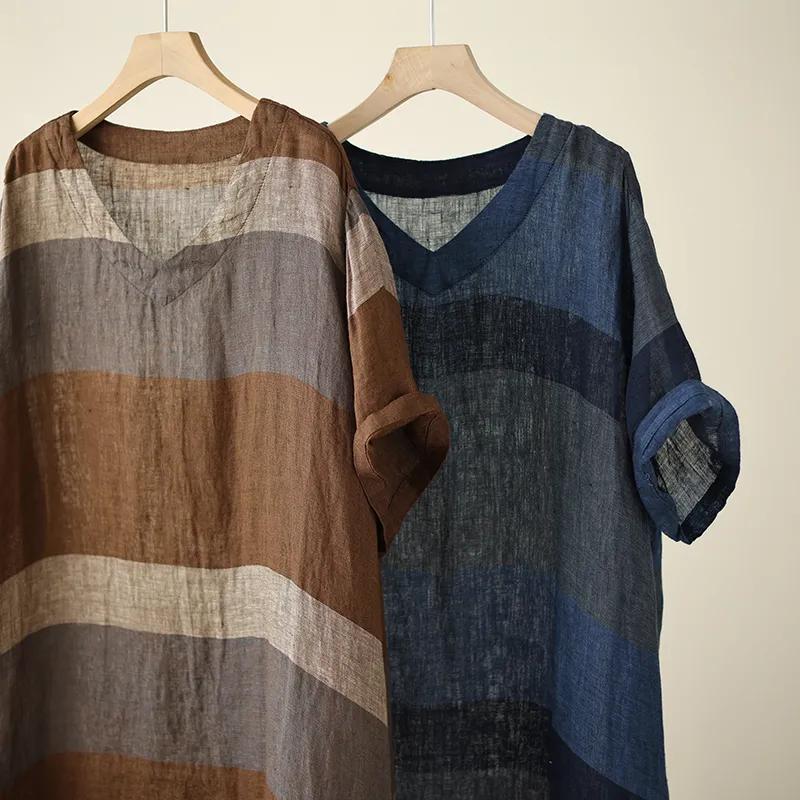 Striped Cotton and Linen T-shirt  Dress Women's Summer Thin Loose Mid-length V-neck Short-sleeved Women's T-shirt Skirt