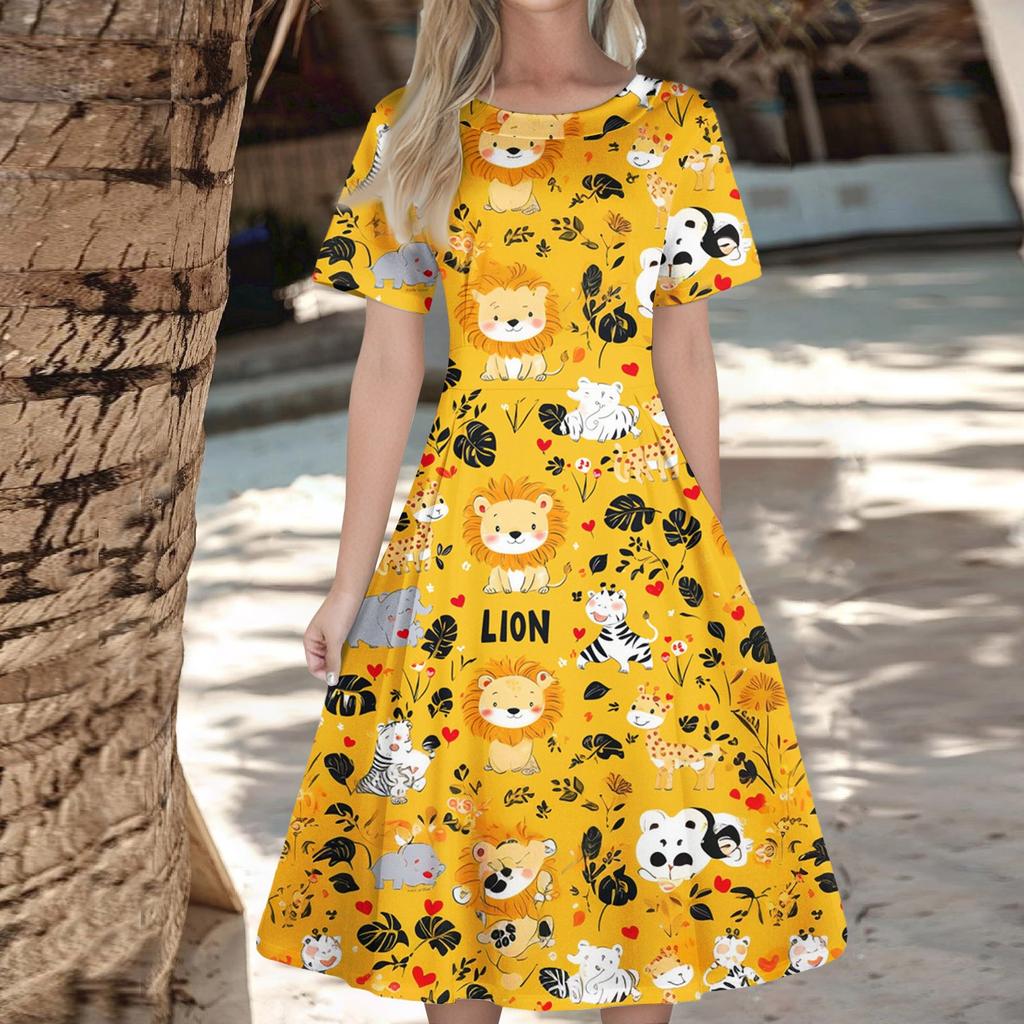 Women's Casual Fashion Dress Animal Floral Print Round Short Sleeve Waist Mid-Length Swing Dress (with Zipper)