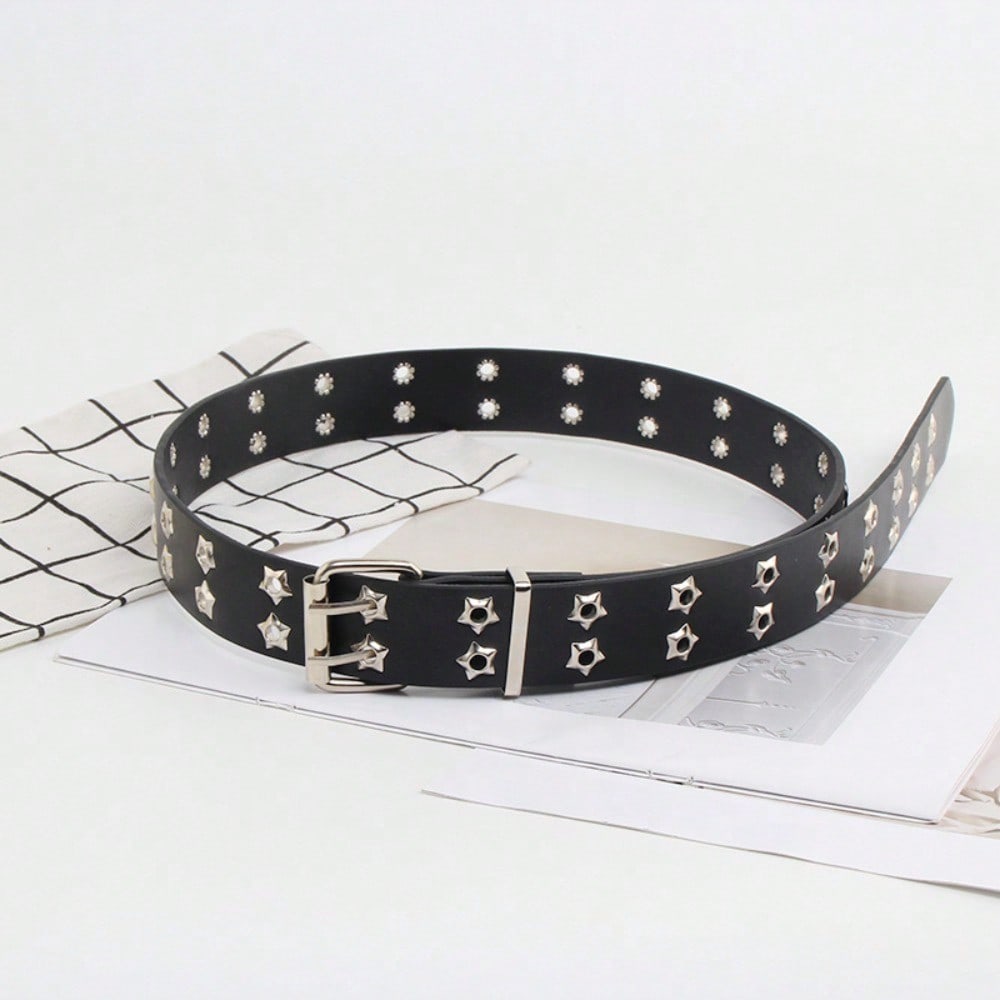 Étoiles Punk Jean Ceinture Double Boutonnage Mode Ceinture Décorative Ceinture Œillet Vapeur 110CM noir
