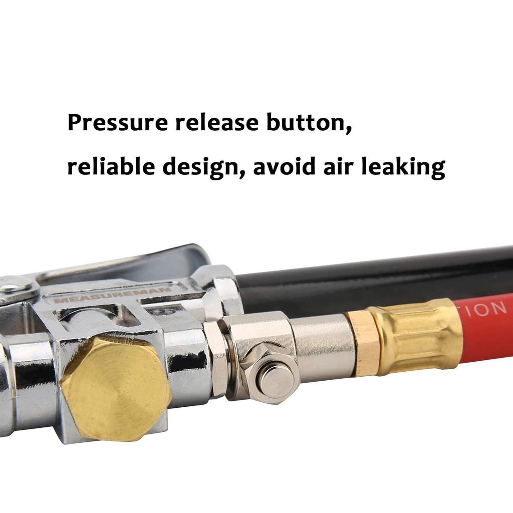 MEASUREMAN Heavy Duty Bayonet Style Tire Inflator, Aluminum Body, 20" Red Hose, Clip On Air Chuck, Aluminum Slide, Range 10-130Psi/Kpa