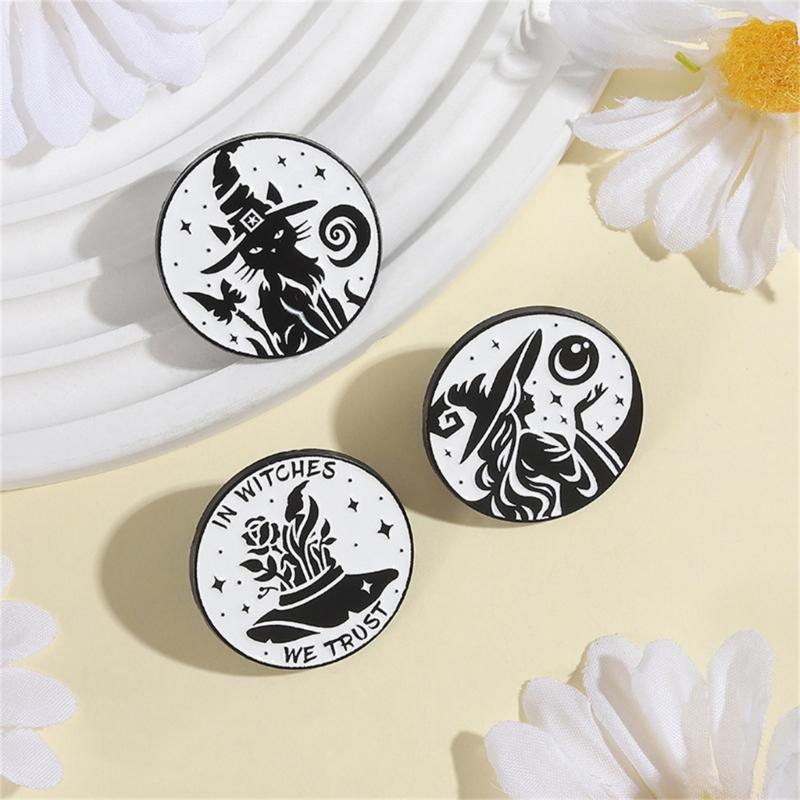 Moon Phase Witch Brooch Enamel Goth Pin Black Cats Designs Punk Jewelry For Halloween Accessories Gift