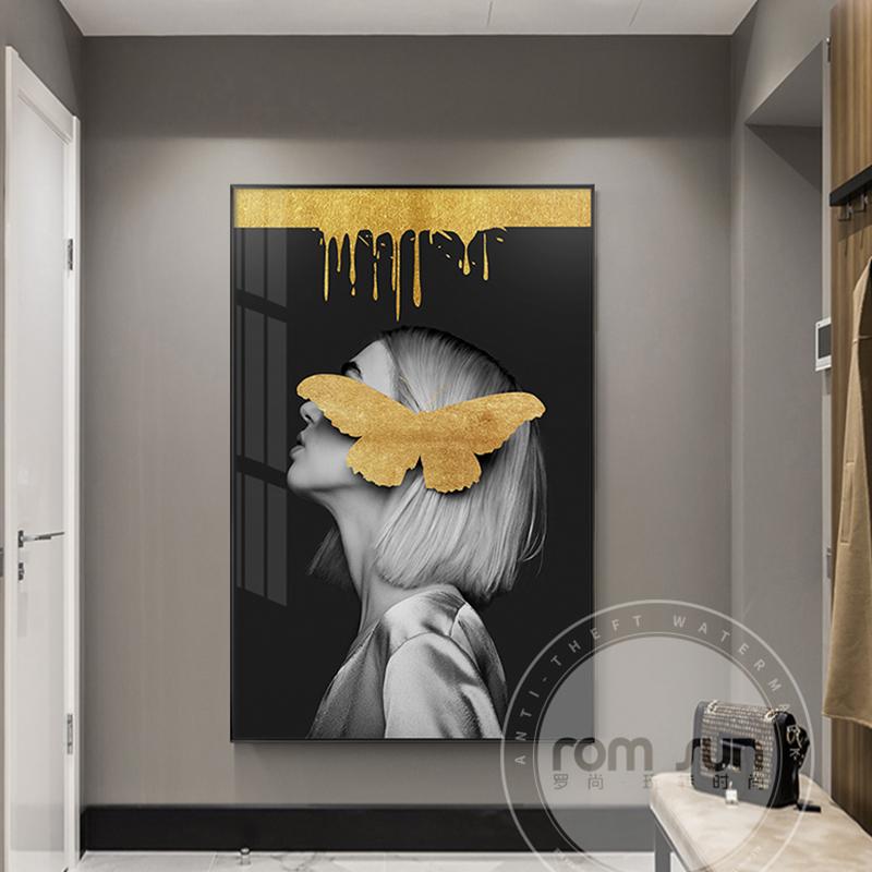 Moderní krása se zlatým motýlem nástěnné obrazy do obývacího pokoje Nástěnná dáma s oranžovou čepicí Plakát Obraz na plátně