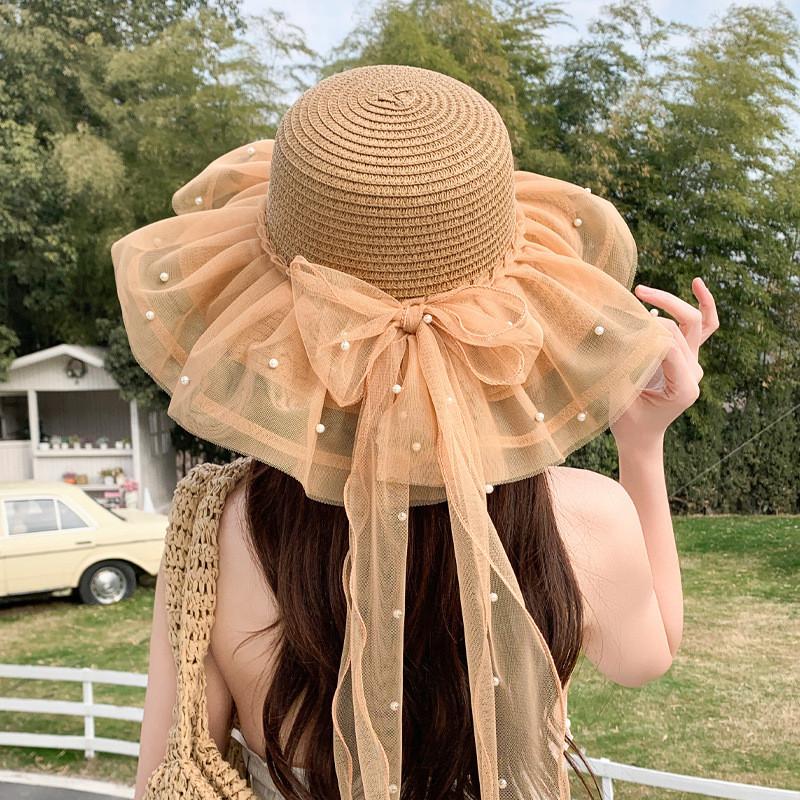 Straw Sun Hat With Wide Brim And Pearl Bow For Summer Beach Vacation