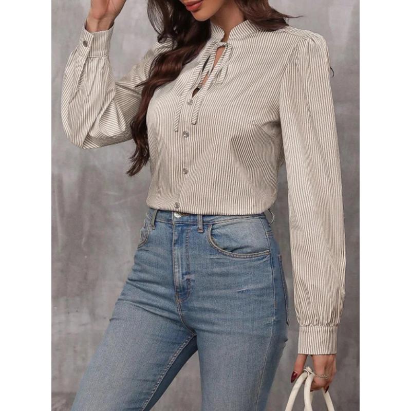 Women V-Neck Button Down Long Sleeve Top Solid Color Striped Shirt Office Lady Work Clothes