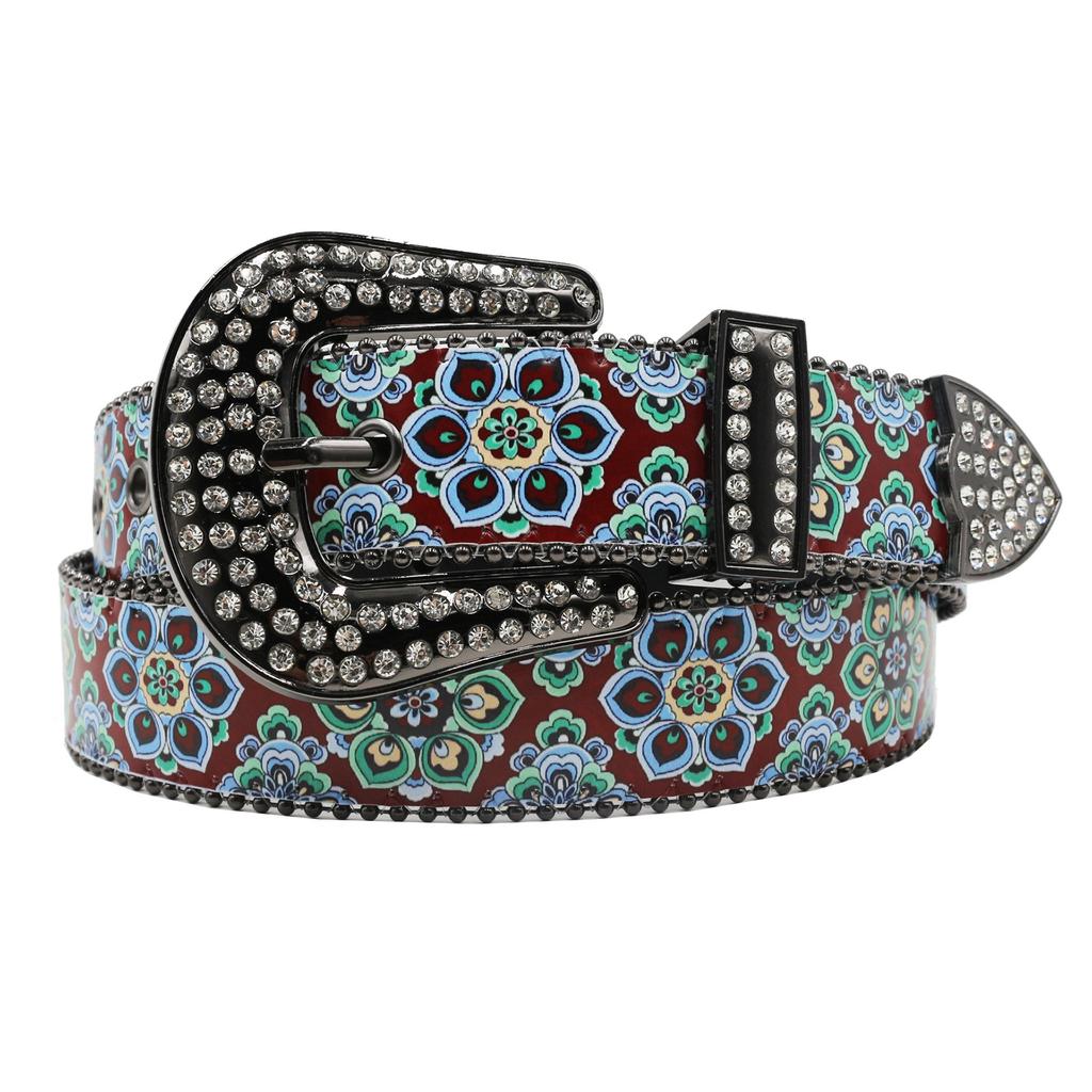 Rhinestone Belt Print High-end Pattern Women's Retro Ethnic Belt Flower Totem Ethnic Belt