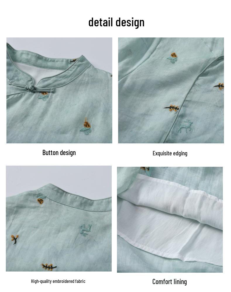 2026 Summer Women's Linen Embroidered Stand Collar Mid-Sleeve Qipao Dress with Slit