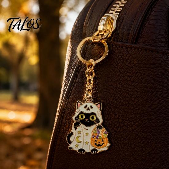 Halloween Party Accessory Cartoon Black Cat Keychain, Glow-in-the-Dark Ghost Costume Spooky Favor Keyring, Enamel Kitten Backpacks Decorative
