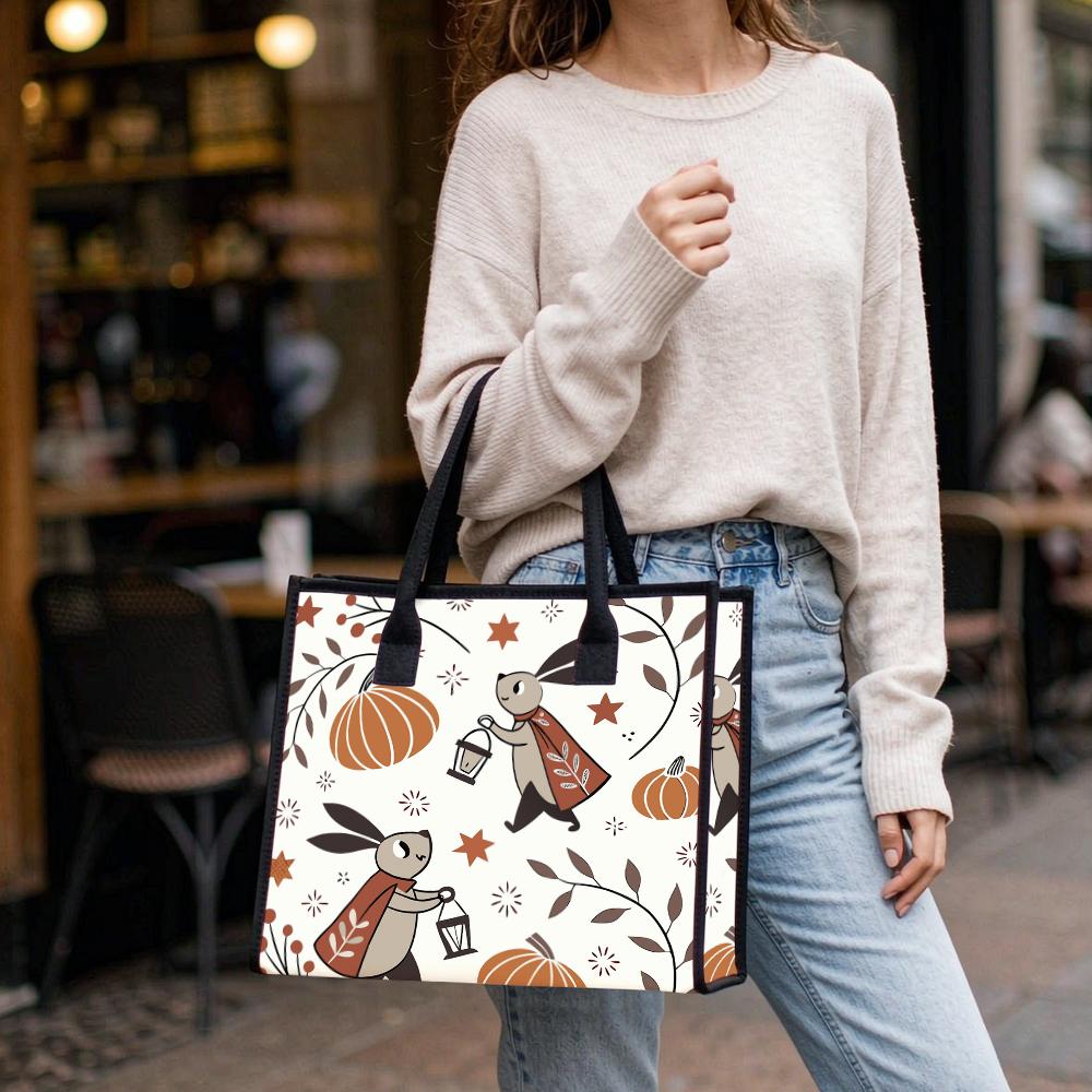 Cute Rabbit Pumpkin Printed Tote Bag Casual Large Capacity Portable Shopping Handbag for Daily Use