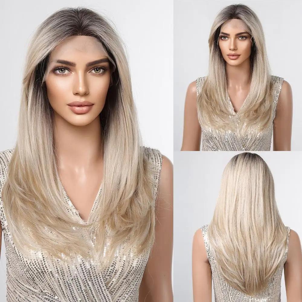 LOUIS FERRE Parrucca sintetica frontale in pizzo marrone lungo a strati 13x4x1 Parrucche in pizzo dritto marrone scuro con attaccatura naturale dei capelli Capelli finti morbidi quotidiani
