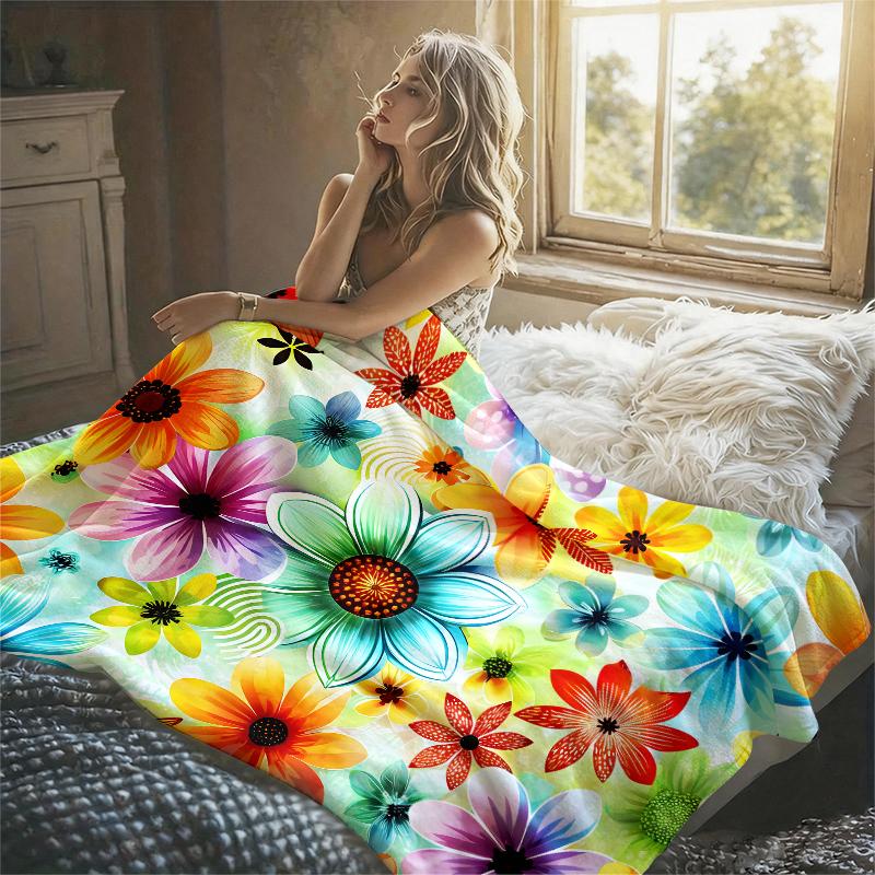 Artistic Colorful FloralFlannel Blanket Warm Soft Halloween Christmas Couch Warm Cozy Decorative Decor Gift for All Season