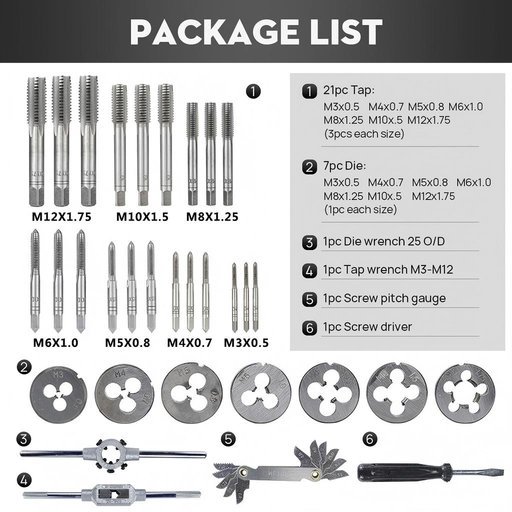 32pc Metric M3-m12 Steel Tap & Die Tool Kit Set for Workshop Thread Cutting Tapping & Handles