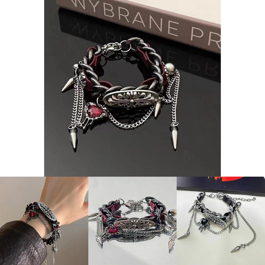 Y2k Gothic Punk Red Leather Bracelet Alloy Electroplated For Men And Women