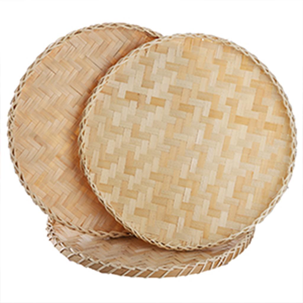 Handmade Bamboo Woven Basket Tray,Flat Wicker Round Fruit Basket Woven Food Storage Shallow Tray Decorative Serving Tray Wall