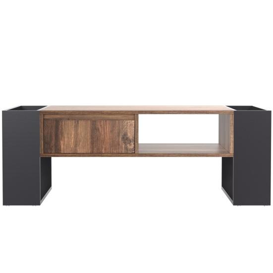 Wood Table Grain Coffee with Handle-less Drawer Open Shelf Side Storage Compartments Living Room Easy Assembly Rustic Rectangle Low Sofa Tea
