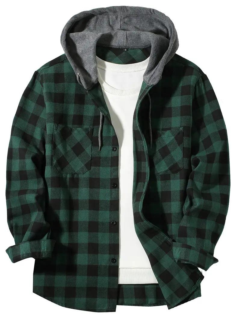 

European & American Size Men s Flannel Plaid Hooded Shirt with Double Pockets M темно-зелений колір