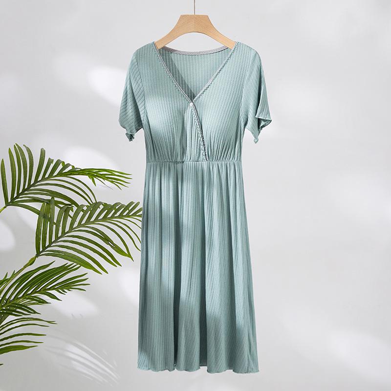 V-Neck Nursing Dress with Insertable Cups for Breastfeeding - Fashionable Postpartum Pajamas