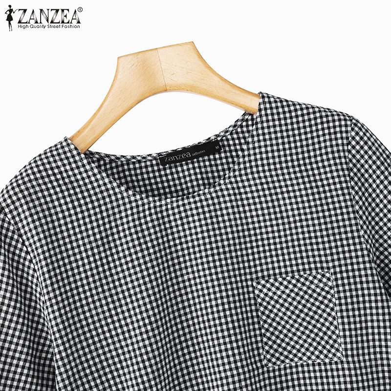 ZANZEA Women Casual Round Neck Plaid Print Loose Half Sleeve Blouse