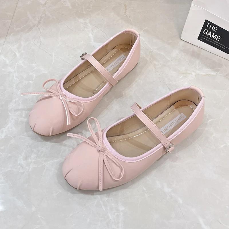 

Модные туфли Мэри Джейн с французским бантом 2025 Весна и Осень Новые Плоские Ретро Неглубокие Балетки Офисные Одиночные Туфли 40 розовый