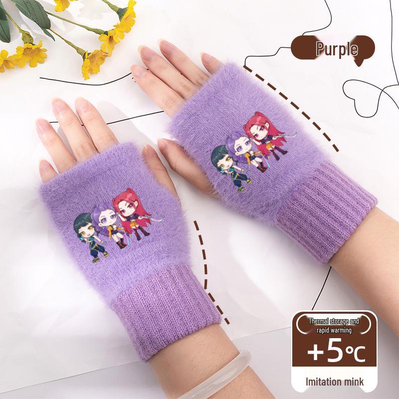 Kpop Women's Fingerless Knitted Gloves - Versatile Warm Plush Autumn/Winter Half-Finger Hand Socks, Solid Color for Students.