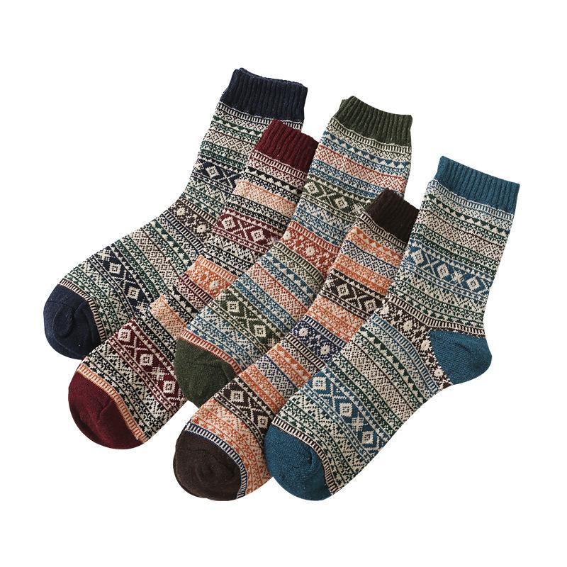 5/10 Pairs Autumn Winter Thickened Warm Socks Men's Retro Ethnic Style Small Diamond Wool Socks Mid Calf Socks Comfortable