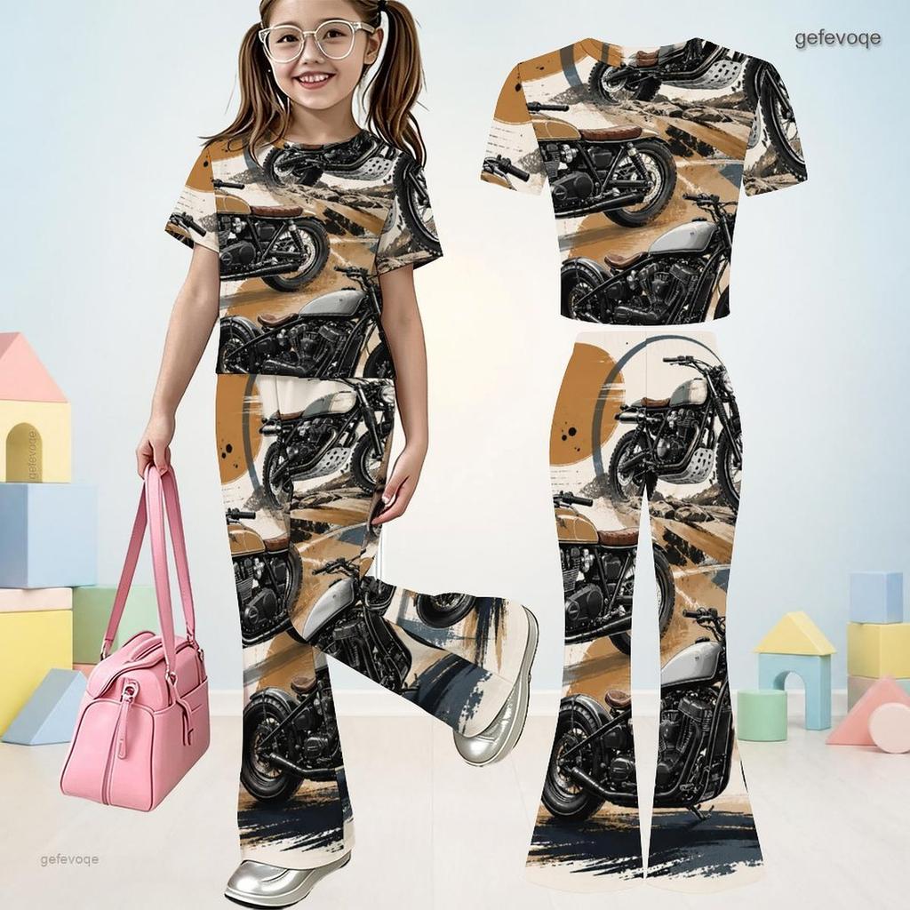 Girls Round Neck Short Sleeve Printed Top And Flared Pants Two Piece Set