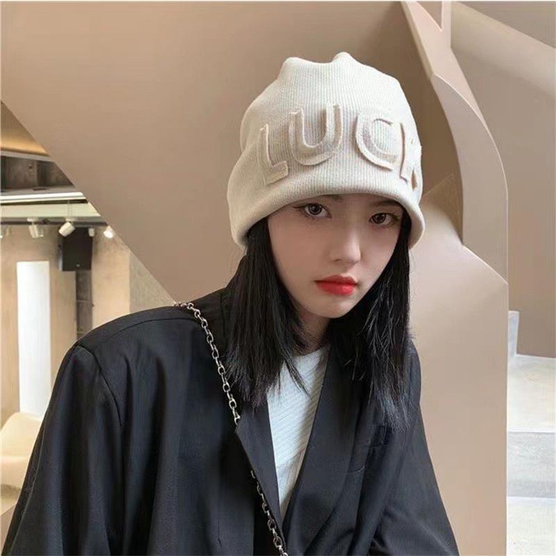 Women Autumn Winter Warm Knitted Cap Female Lady Japanese Hip Hop Loose Beanie Hats Solid Color Letter Fashion Beanie Style Hats