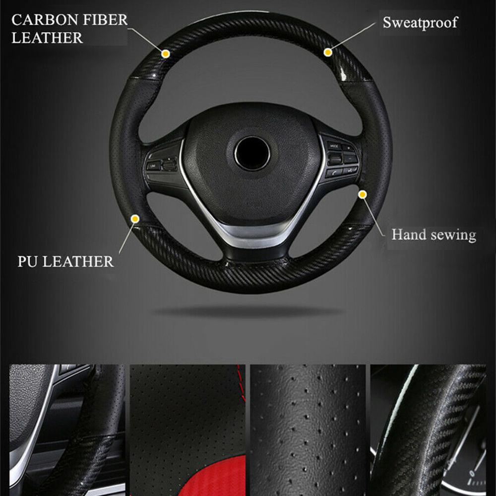 38cm Car Steering Wheel Cover Hand Sewing DIY Black PU Leather+Carbon Fiber Look