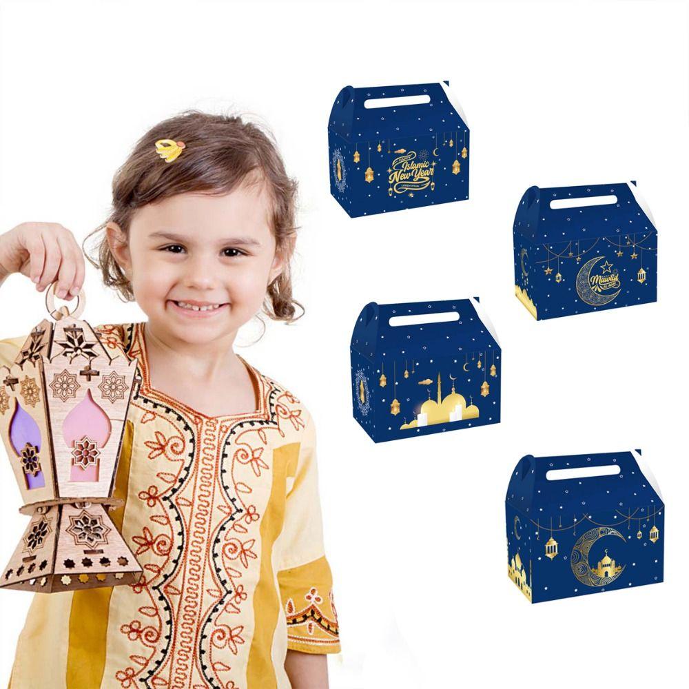 12PCS Multicolor Eid Mubarak Packaging Boxes Paper Mixed Pattern Ramadan Gift Box Square Cartoon Castle Packing Box