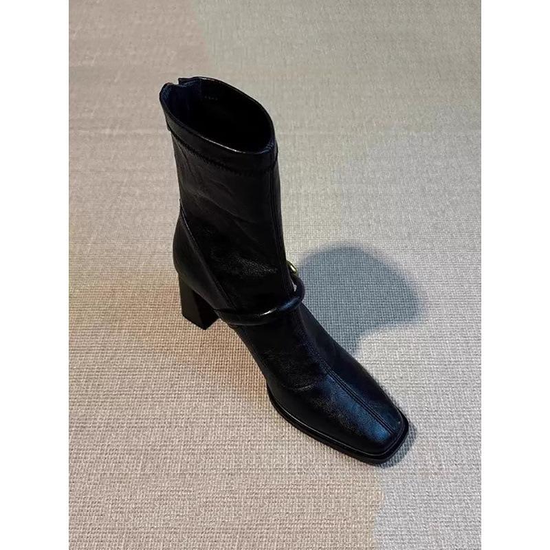 Square Head High Heel Skinny Boots Women's French Coarse Heel Retro Back Zipper Short Boots Elastic Fashion Boots