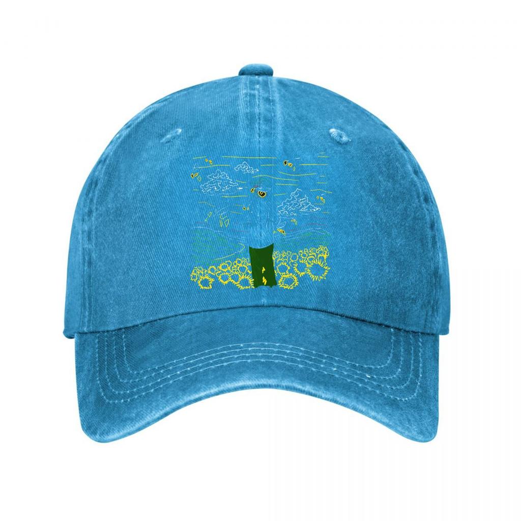 Van Gogh Style Sunflower Field Neon Line Art Print Washed Baseball Cap Outdoor For Womens Unisex FeUnisex