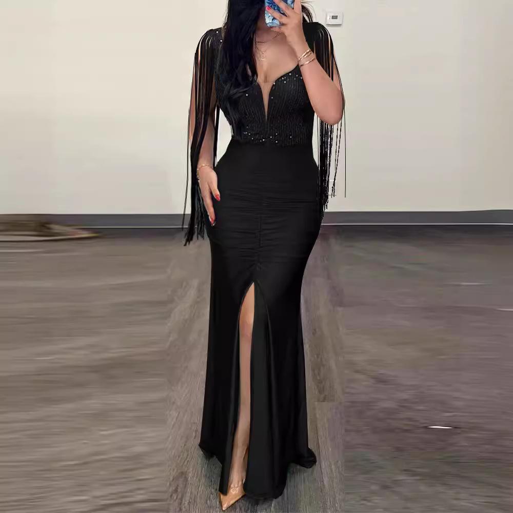 Cross-Border Fashion Sequin Bodycon Dress with Round Neck, Slit, Tassel Sleeves, and Ruched Design