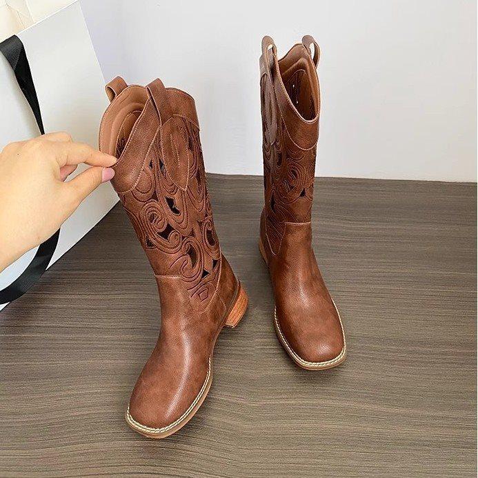 Women's Martin Boots V Desert Boots Boots Breathable New Thick Heel Cowboy Boots Western Mouth 2025 Hollow Embroidery