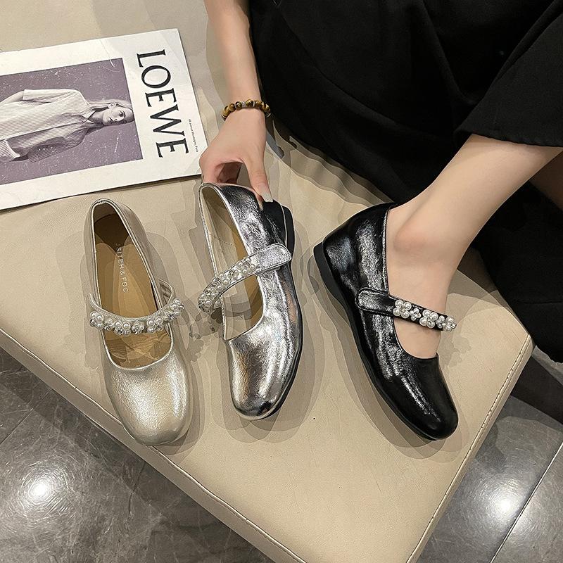French flat-soled silver single shoes women's 2025 new summer skirt evening small leather shoes beautiful Mary Jane women's shoes