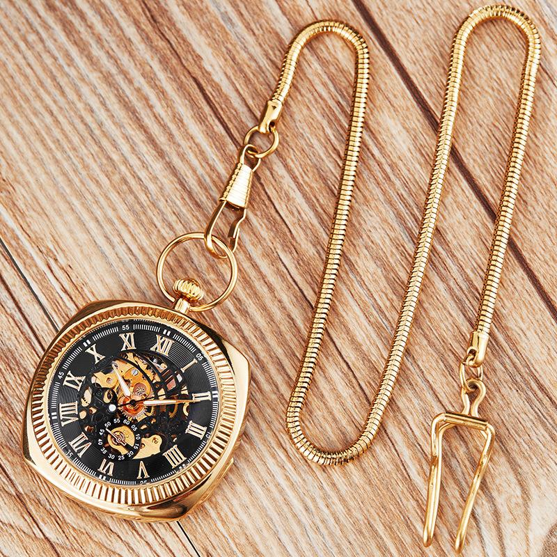 Automatic Mechanical Square Pocket Watch Clamshell Trend Fashion Classic Roman Letters Retro Chain Mechanical Pocket Watch